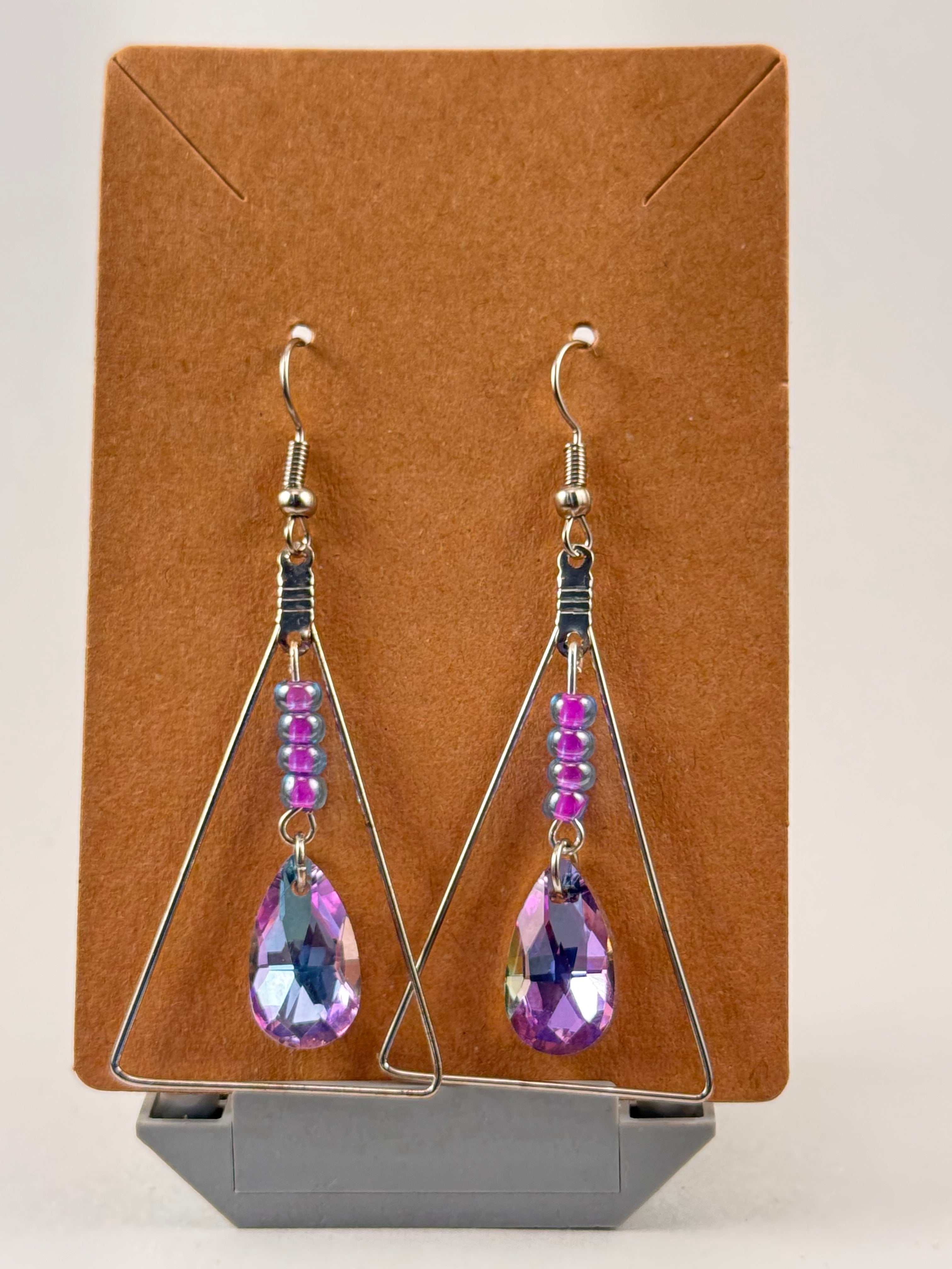 Lavender Beaded Triangle Dangle Earrings 2" Drop