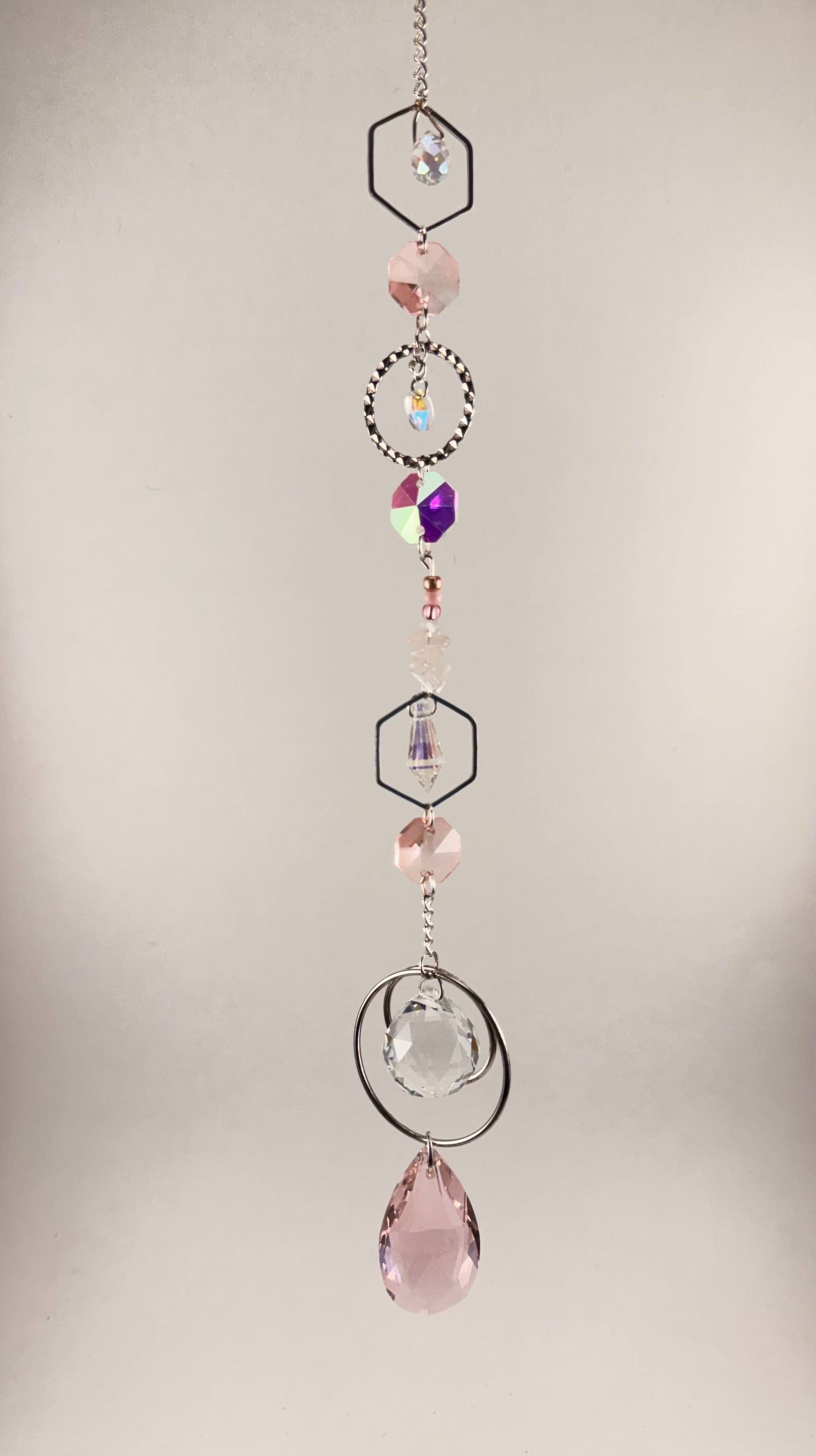 PinkGlass Crystal Sun Catcher – Hexagon & Circle Chain